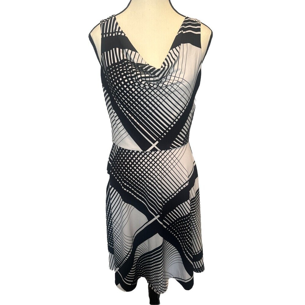 White House Black Market BLACK WHITE Striped Plaid Drape Neck Lined Dress Size 4